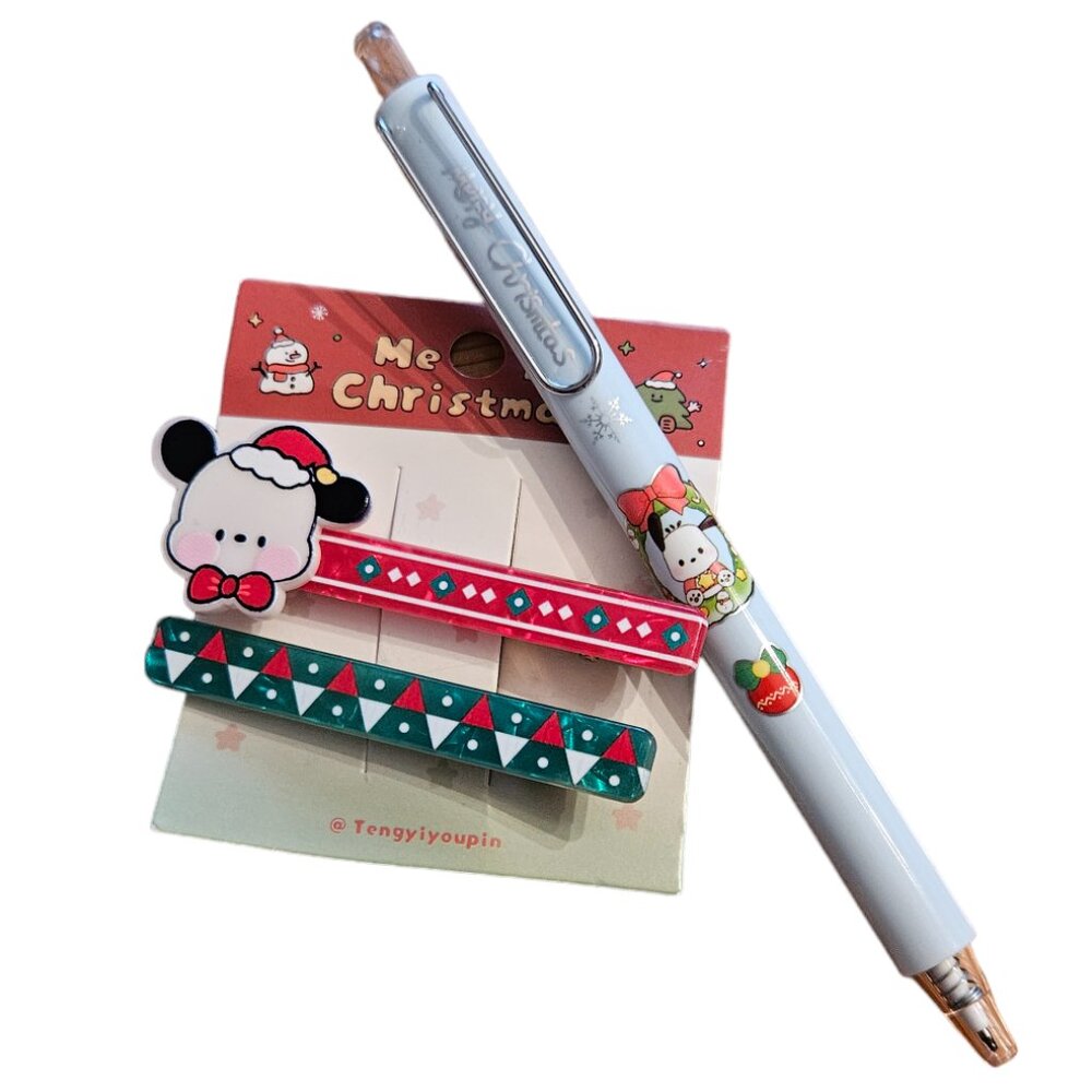 NWT Pochacco Christmas Holiday Hair Clips and Pen
